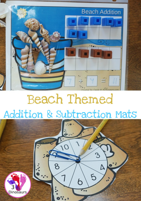 FREE Hands-On Beach Themed Addition & Subtraction Mats - two mats with counters for ten frame and shells for the pail - 3Dinosaurs.com