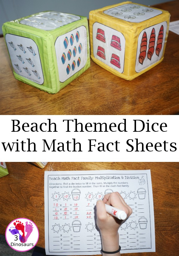 Free Fun No-Prep Beach Math Facts - addition and subtraction or multiplication and division with beach themed Dice - 3Dinosaurs.com