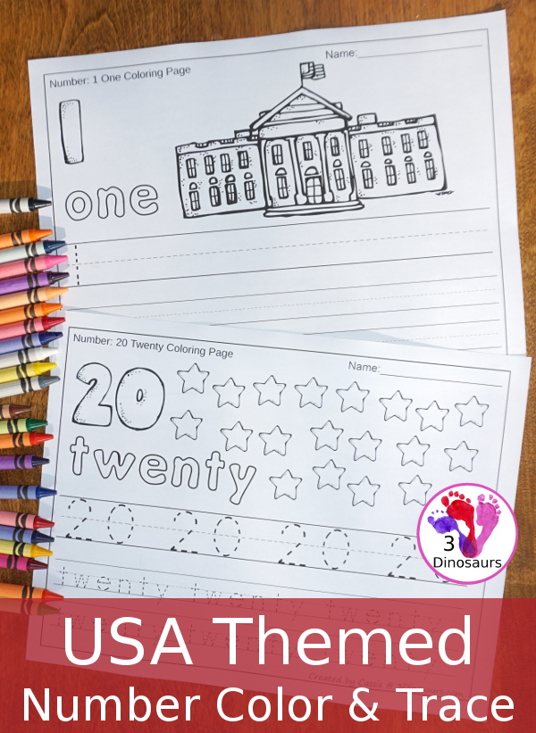 No Prep USA Themed Number Color & Trace - two different page type options for the numbers 0 to 20 $ - 3Dinosaurs.com