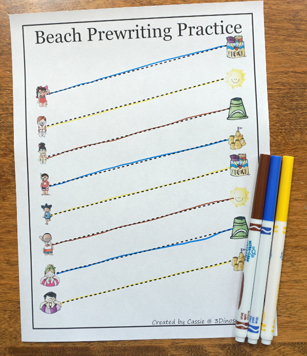 Free Handwriting Fun With Beach Themed Prewriting - 28 pages of free beach theme prewriting with two levels of lines for kids to trace - 3Dinosaurs.com #freeprintable #prewriting #3dinosaurs