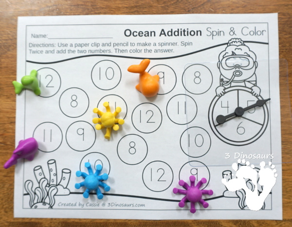 Free Ocean Addition Spin & Color - uppercase and lowercase options with 3 letters per page - #freeprintable #mathprintable #addition  #3dinosaurs
