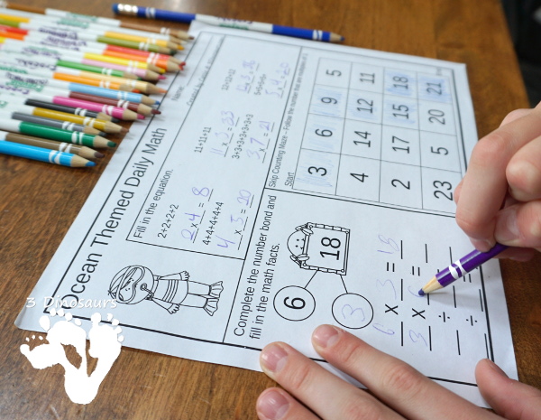 No Prep Ocean Addition & Subtraction and Multiplication & Division - 30 pages no-prep printables with a mix of addition and subtraction or multiplication and division activities plus a math center activities - 3Dinosaurs.com #noprepmath #tpt #addition #subtraction #multiplication #division