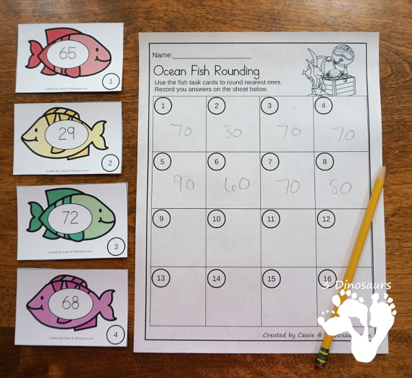 Free Ocean Fish Rounding by Place Value - 3 levels of fish with a recording sheet and rounding mats all to help with different levels of rounding - #freeprintable #mathforkids  #3dinosaurs