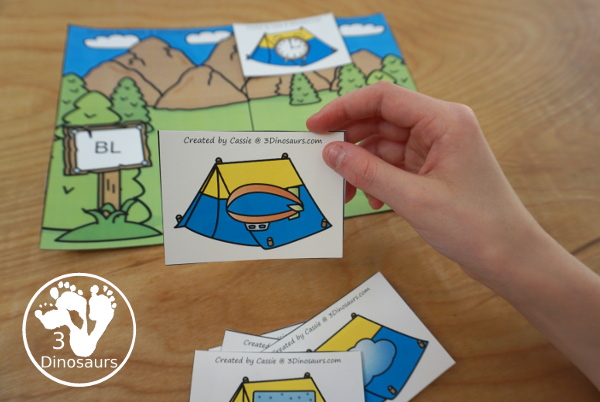 Free Camping Themed L Blends Sorting with 6 sorting mats and 3 cards for each mat - 3Dinosaurs.com