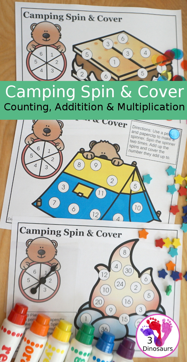 Free Camping Spin & Cover: Counting, Addition & Multiplication - three fun worksheets to work on counting and numbers 1 to 6, adding from 1 to 6 and multiplication 1 to 6 - 3Dinosaurs.com