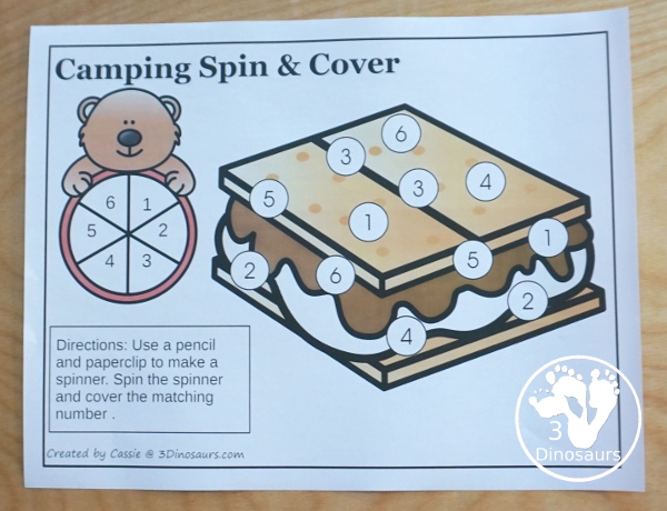 Free Camping Spin & Cover: Counting, Addition & Multiplication - three fun worksheets to work on counting and numbers 1 to 6, adding from 1 to 6 and multiplication 1 to 6 - 3Dinosaurs.com