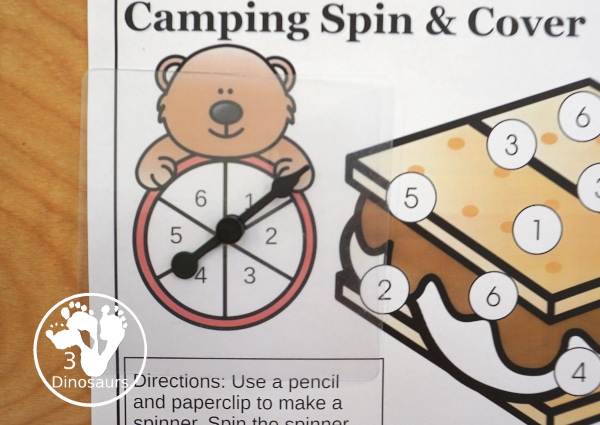 Free Camping Spin & Cover: Counting, Addition & Multiplication - three fun worksheets to work on counting and numbers 1 to 6, adding from 1 to 6 and multiplication 1 to 6 - 3Dinosaurs.com