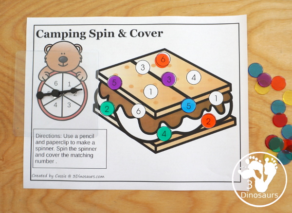 Free Camping Spin & Cover: Counting, Addition & Multiplication - three fun worksheets to work on counting and numbers 1 to 6, adding from 1 to 6 and multiplication 1 to 6 - 3Dinosaurs.com