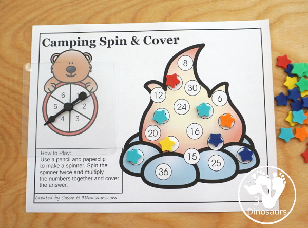 Free Camping Spin & Cover: Counting, Addition & Multiplication - three fun worksheets to work on counting and numbers 1 to 6, adding from 1 to 6 and multiplication 1 to 6 - 3Dinosaurs.com