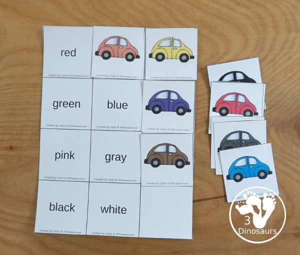 Car Color Pack - with 63 pages of printables with color easy reader book, color clip cards, color tracing strips, color writing strips, color pocket chart cards, color word writing, color word puzzles, and more all to work on learning color words. This is a great transportation theme - 3Dinosaurs.com-  - 3Dinosaurs.com