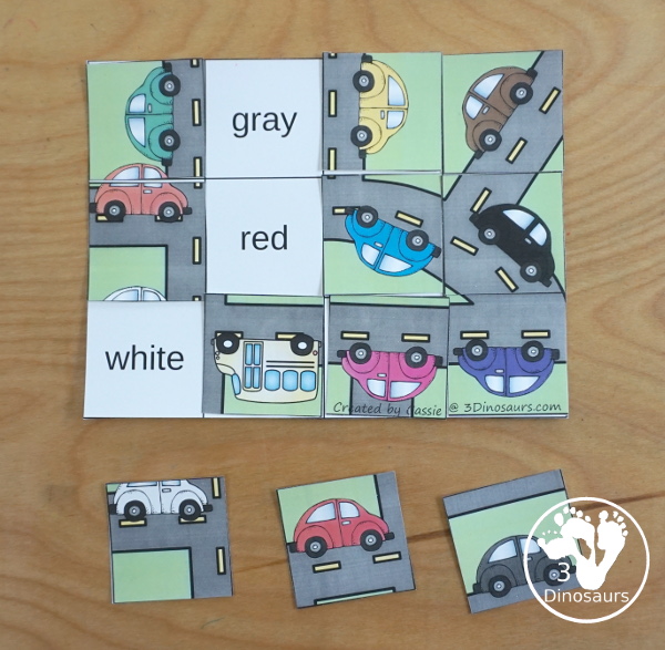 Car Color Pack - with 63 pages of printables with color easy reader book, color clip cards, color tracing strips, color writing strips, color pocket chart cards, color word writing, color word puzzles, and more all to work on learning color words. This is a great transportation theme - 3Dinosaurs.com-  - 3Dinosaurs.com