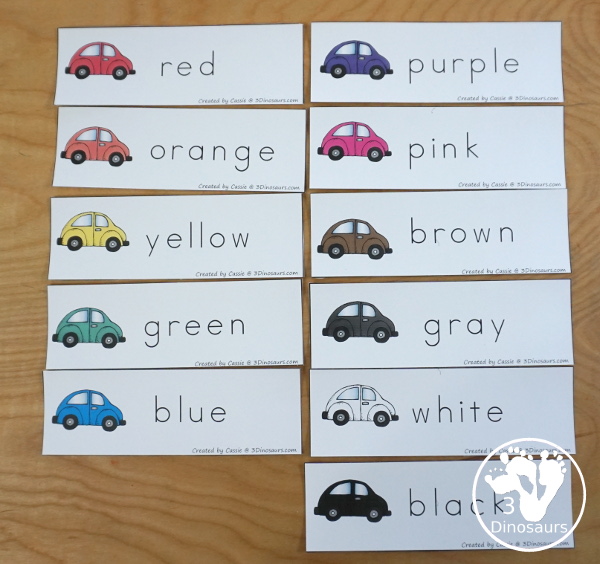 Car Color Pack - with 63 pages of printables with color easy reader book, color clip cards, color tracing strips, color writing strips, color pocket chart cards, color word writing, color word puzzles, and more all to work on learning color words. This is a great transportation theme - 3Dinosaurs.com-  - 3Dinosaurs.com