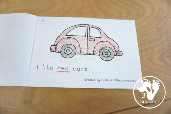 Car Color Pack - with 63 pages of printables with color easy reader book, color clip cards, color tracing strips, color writing strips, color pocket chart cards, color word writing, color word puzzles, and more all to work on learning color words. This is a great transportation theme - 3Dinosaurs.com-  - 3Dinosaurs.com