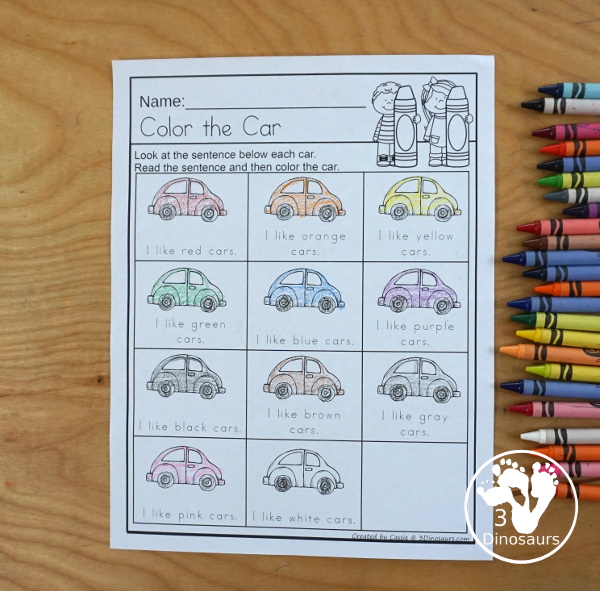 Car Color Pack - with 63 pages of printables with color easy reader book, color clip cards, color tracing strips, color writing strips, color pocket chart cards, color word writing, color word puzzles, and more all to work on learning color words. This is a great transportation theme - 3Dinosaurs.com-  - 3Dinosaurs.com