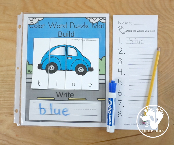 Car Color Pack - with 63 pages of printables with color easy reader book, color clip cards, color tracing strips, color writing strips, color pocket chart cards, color word writing, color word puzzles, and more all to work on learning color words. This is a great transportation theme - 3Dinosaurs.com-  - 3Dinosaurs.com