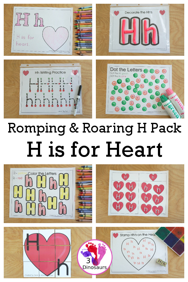 Free Romping & Roaring H Pack Letter Pack: H is for Heart - a letter H pack that has prewriting, finding letters, tracing letters, coloring pages, shapes, puzzles and more - 3Dinosaurs.com