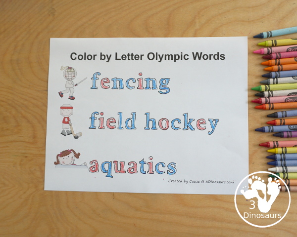 Free Summer Olympic Pack Extra: Color by Letter - with 30 words for kids to color and learn with summer sport themes - 3Dinosaurs.com 