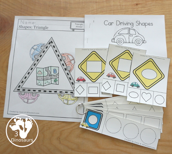 Transportation Activity Pack: Shape - a fun set of cars and sign activities in this fun printable pack that has shape clip cards, shape easy reader books, shape tracing strips, and shape no-prep printables all to help kids learn in a fun way - 3Dinosaurs.com