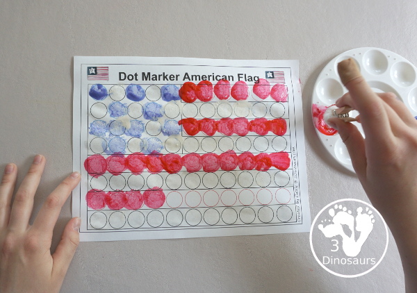 Free Dot Marker American Flag Printable -an easy fine motor craft with dot markers that kids can do to make an American Flag. This is great for Flag Day, Memorial Day, and the Fourth of July - 3Dinosaurs.com
