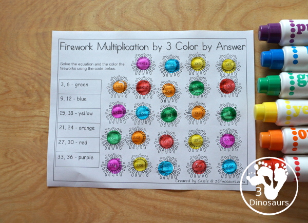 Free Multiplication Color by Firework Worksheet Printable - with multiplication from 1 to 12 with a multiplication worksheet for each number. - 3Dinosaurs.com