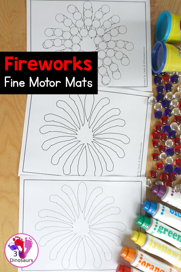 Free Firework Fine Motor Printables - with blank firework template, tracing fireworks, and dot marker fireworks. - 3Dinosaurs.com
