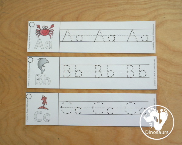 Free Ocean Animal ABC Tracing Strips - with uppercase and lowercase together. You have fun kids with an ocean animal plus you can see an example of how to trace the letters - 3Dinosaurs.com
