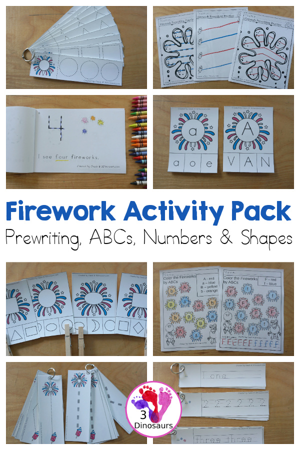 Firework Activity Pack - Prewriting, Shapes, ABCs and Numbers with easy reader books, clip cards, worksheets, and tracing strips. A fun learning pack that work great for a fireworks theme for the Fourth of July or  New Year - 3Dinosaurs.com