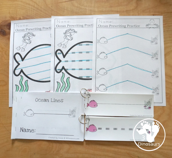Ocean Activity Pack - Prewriting, ABCs, Shapes, & Numbers - 189 pages of activities with an ocean theme with easy reader books, clip cards, tracing strips and no-prep worksheets for kids in  prek and kindergarten - 3Dinosaurs.com