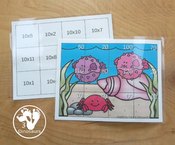 Ocean Multiplication Puzzle Printable is a fun hands-on activity to work on multiplication math facts. You have 12 pieces for each puzzle. You have multiplication facts from 1 to 12 - 3Dinosaurs.com