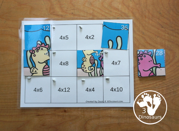 Ocean Multiplication Puzzle Printable is a fun hands-on activity to work on multiplication math facts. You have 12 pieces for each puzzle. You have multiplication facts from 1 to 12 - 3Dinosaurs.com