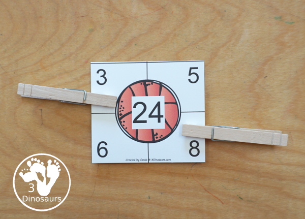 Free Basketball Multiplication Clip Cards with two numbers to clip that multiply to make the number in the middle. A great way to work on two factors for the product number in the middle. Multiplication 1 to 12 - 3Dinosaurs.com