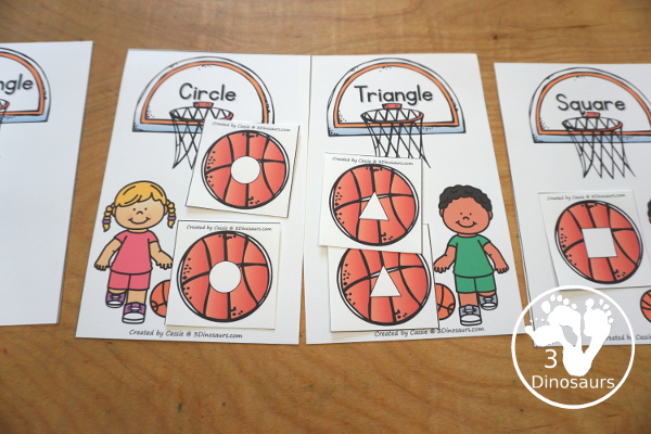 Free Basketball Shape Sorting Printable  has sorting for four shapes: circle, square, triangle, rectangle. There are four sorting mats and 6 basketballs for each mat to sort  - 3Dinosaurs.com