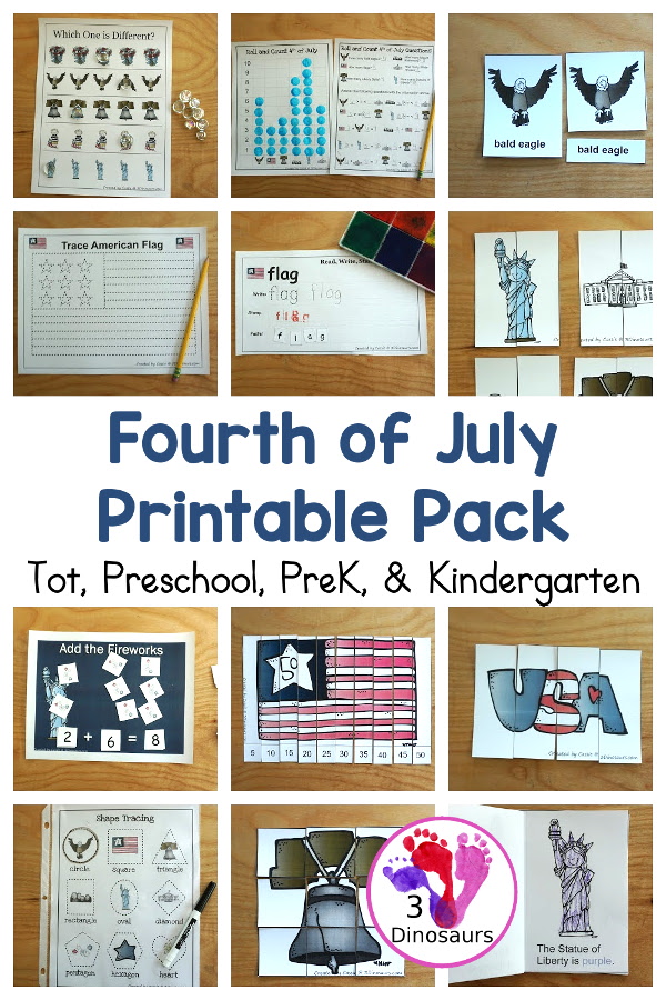 Free 4th of July Pack for Tot, PreK & Kindergarten - a mix of Fourth of July hands-on printables and Fourth of July worksheets for kids. A mix of great activities for kids to learn different words that are about the Fourth of July. 3Dinosaurs.com