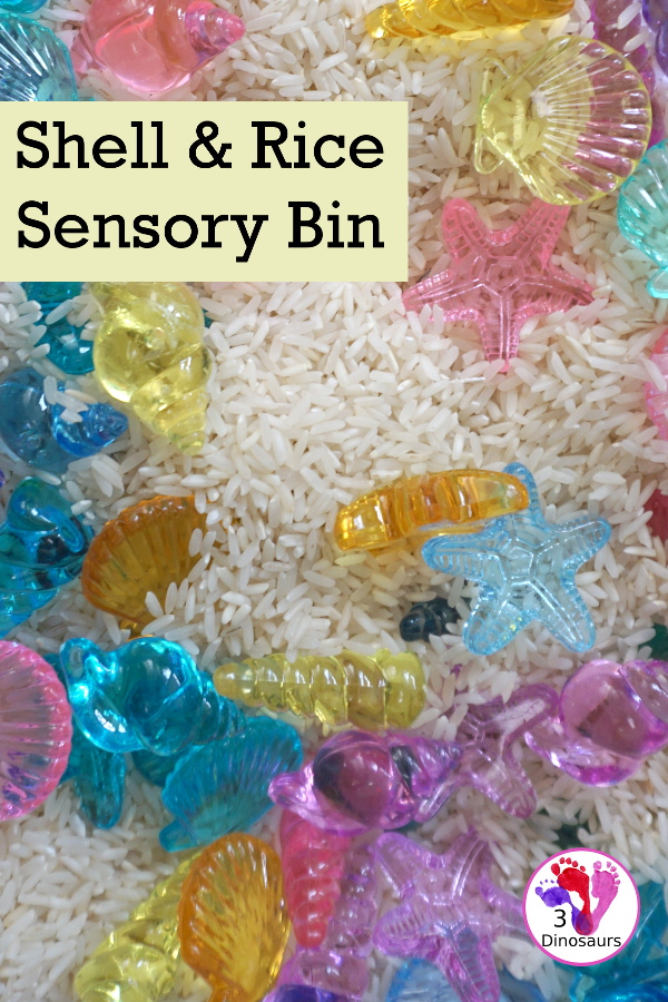 Shell and Rice Sensory Bin has a rice filler with acrylic sheets in different colors as the part in the sensory bin. This is a simple beach sensory bin idea for kids. - 3Dinosaurs.com