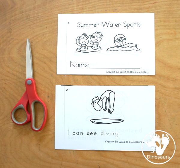 Free Summer Water Sports Easy Reader Book Printable is a 8 page easy reader book with 7 different water sports for the summer with swimming and boat sports included - 3Dinosaurs.com