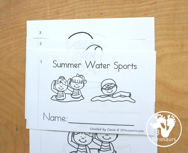 Free Summer Water Sports Easy Reader Book Printable is a 8 page easy reader book with 7 different water sports for the summer with swimming and boat sports included - 3Dinosaurs.com