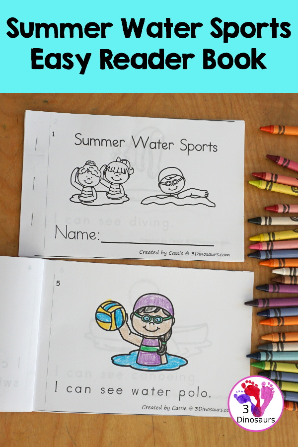 Free Summer Water Sports Easy Reader Book Printable is a 8 page easy reader book with 7 different water sports for the summer with swimming and boat sports included - 3Dinosaurs.com