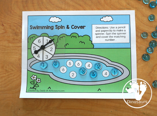 Free Swimming Spin & Cover: Counting, Addition & Multiplication - using a pencil and paperclip to make the spinner - 3Dinosaurs.com