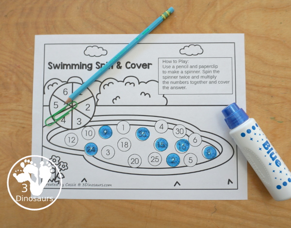 Free Swimming Spin & Cover: Counting, Addition & Multiplication - using a pencil and paperclip to make the spinner - 3Dinosaurs.com