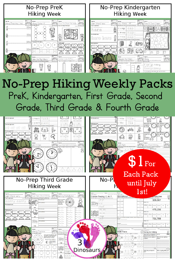No-Prep Hiking Weekly Packs – Prek to 4th Grade Levels