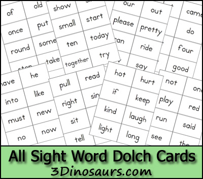 Free Sight Word Dolch Cards