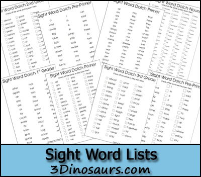 Free Sight Word Dolch Lists