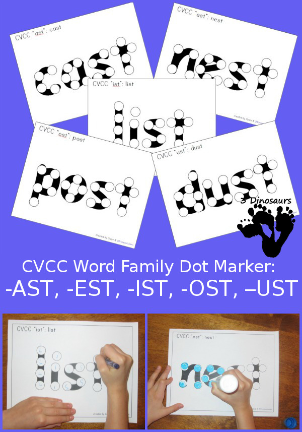 Free CVCC Word Family Dot Marker: -AST, -EST, -IST, -OST, -UST - 3Dinosaurs.com