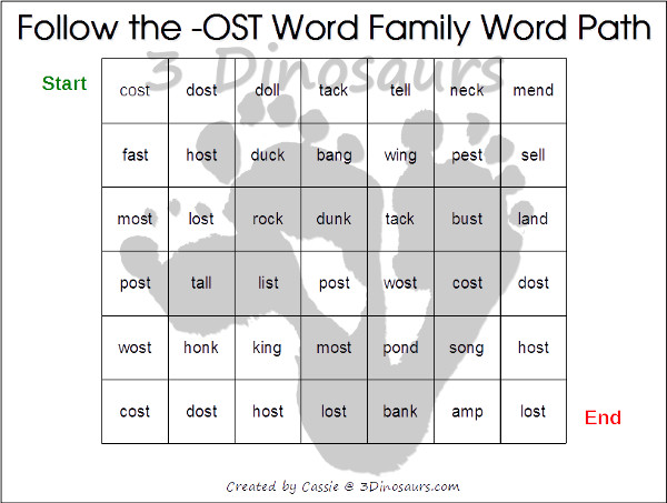 Free CVCC Word Family Word Path: -AST, -EST, -IST, -OST, -UST - 3Dinosaurs.com