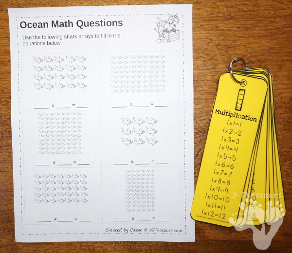 Free No-Prep Shark Themed Array Printables - 2 pages with 6 problems per page - 3Dinosaurs.com