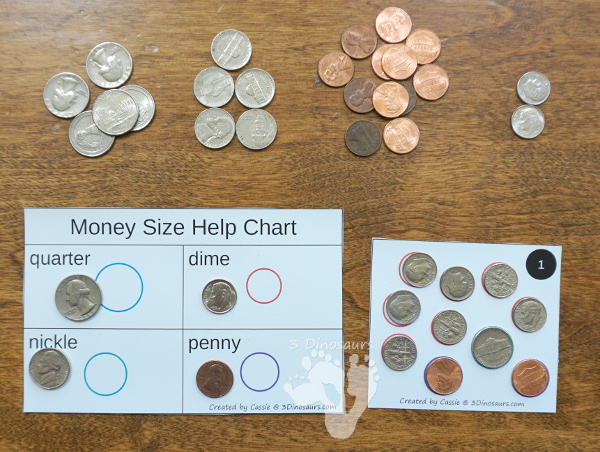 Free Fine Motor Money Matching Task Cards - 12 cards and matching worksheets for kids to work on matching and counting money - 3Dinosaurs.com