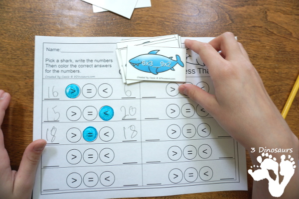 Free Shark Themed Greater Than - Less Than Sorting - with math sharks and recording sheet with 4 levels of sharks: numbers, addition, double digits and multiplication - 3Dinosaurs.com