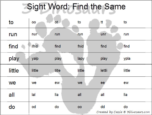 Free Sight Word Find the Same - With sight words sheets that work on spelling - 3Dinosaurs.com