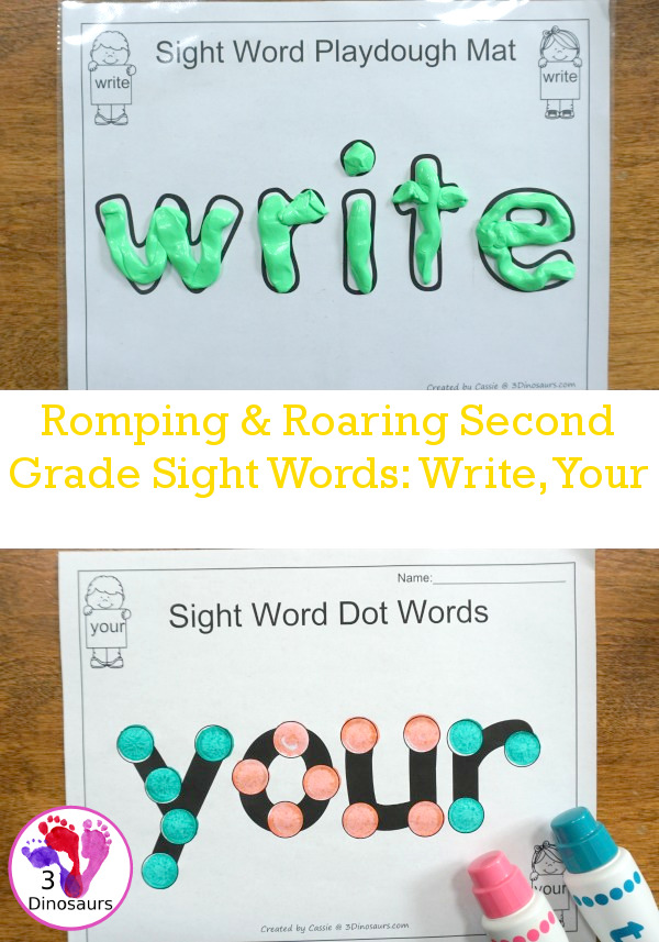 Free Romping & Roaring Second Grade Sight Words: write, your 6 pages of printables for each word - 3Dinosaurs.com