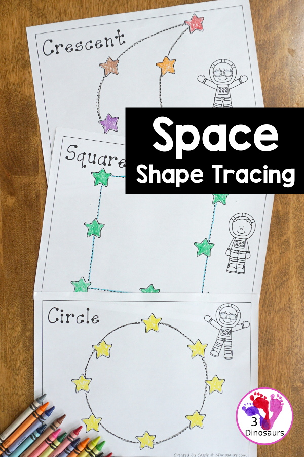 Free Fine Motor Fun With Space Shape Tracing - with 8 shapes for kids to trace and color. These are great for a space and shape activity for kids - 3Dinosaurs.com